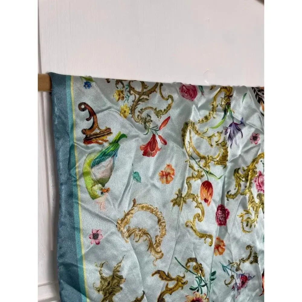 Satin Floral Bird Scarf Ice Blue Coquette Enchanting Rectangle Wrap‎ Neck Scarf